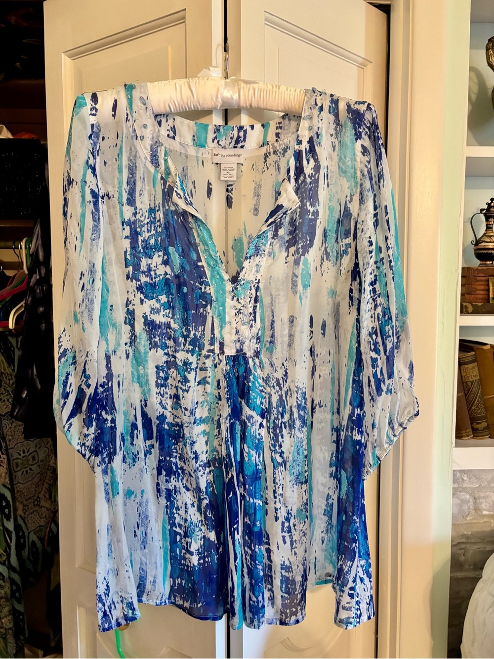 Gorgeous 100% Silk Soft Surroundings Blue & White Tunic, hand-sewn glass beads.